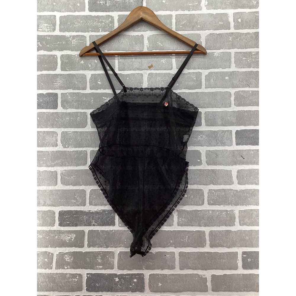Vintage Black Sheer Lace Bodysuit Floral Rosebud Lingerie Made in USA Medium